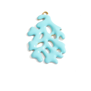 Detail of light blue ocean series coral pendant with polished gold finish and enamel surface