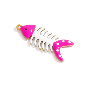 Pink and white enamel fishbone pendant in gold-plated stainless steel for DIY jewelry