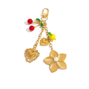 Colorful gold keychain with red cherry, shell flower and pearl pendant accessories