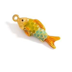 Macro detail of koi fish pendant featuring vibrant gradient enamel and gold-plated finish