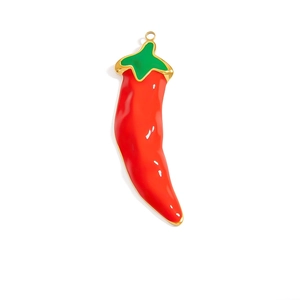 Vibrant red chili pepper pendant with gold plating and green enamel leaf detail