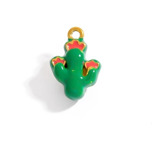 Green cactus enamel pendant charm with pink flowers and gold plated stainless steel edges