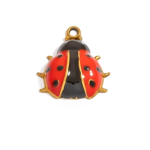 Macro detail of ladybug pendant featuring red enamel finish and gold plated base