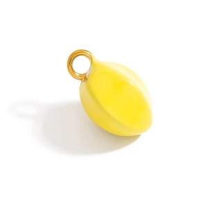 Detailed close-up of a smooth teardrop-shaped yellow bean pendant with golden metal ring