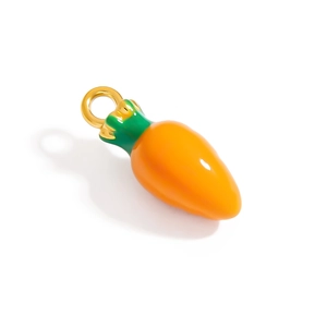 Vibrant orange enamel carrot pendant with green leaves and golden metal loop for DIY jewelry