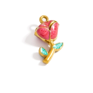 Vibrant red rose flower pendant in gold finish with green leaves and enamel details