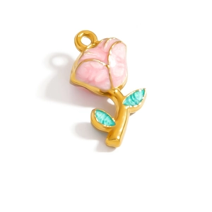 Detailed view of pink rose pendant with green leaves and gold plated metal charm