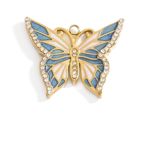 18K gold plated stainless steel butterfly pendant with blue enamel and sparkling crystals