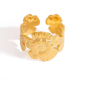 Elegante anello aperto in acciaio inossidabile dorato con design floreale per donna