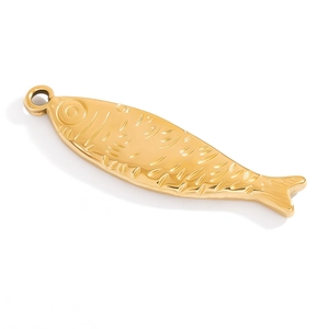 Detailed view of a gold-plated stainless steel fish pendant with realistic scale textures