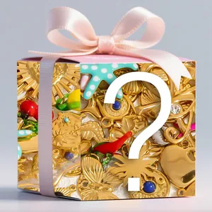 Square mystery box packaging with gold jewelry patterns and a pink satin ribbon bow