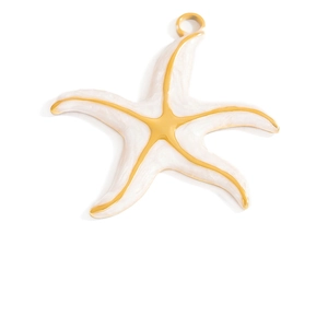 Detailed macro view of 18K gold starfish pendant with white enamel finish and hanging ring