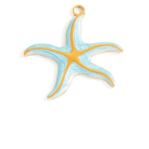 Detailed macro view of 18K gold starfish pendant with blue marbled enamel inlay