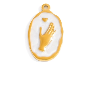 Detail of oval gold-plated stainless steel pendant with white enamel heart and palm