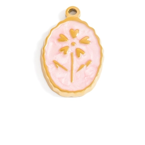 Detail shot of an oval 18K gold plated stainless steel pendant with pink enamel heart flower