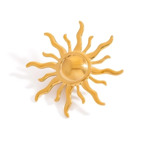Polished golden sunburst brooch with radial wave design and spherical center