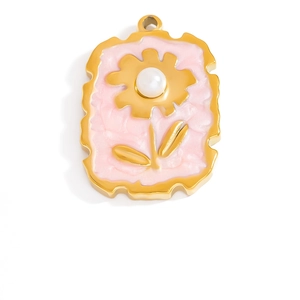 Detailed close-up of 18K gold wave edge pendant with pink enamel and a center pearl flower