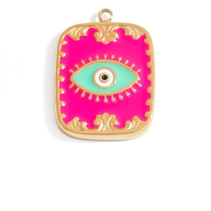 Detail of a gold-plated rectangular evil eye pendant with vibrant hot pink enamel finish