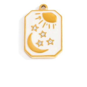 Detail of 18K gold celestial pendant with white enamel sun moon and zircon stars