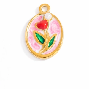 18K gold plated stainless steel oval floral pendant with colorful enamel and pearl
