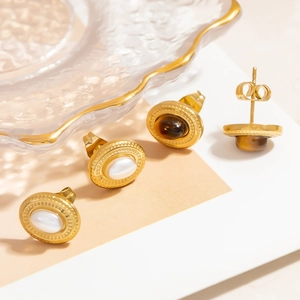 Vintage Oval Stainless Steel Earrings With Imitation Artificial Pearl Tiger Eye Stone Minimalist Gold Plated Geometric Stud Earrings