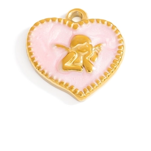 Detail of 18K gold heart pendant with pink enamel and Cupid angel relief