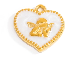 Detail of heart-shaped gold pendant featuring a raised Cupid relief and white enamel finish