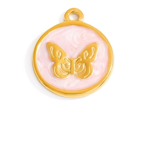 Macro detail of a butterfly round pendant with pink enamel finish in 18K gold plating