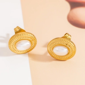 Vintage 18K gold plated stainless steel oval stud earrings with elegant white pearl inlay