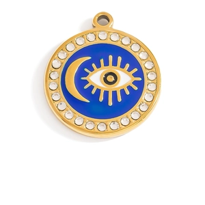Detail of 18K gold stainless steel evil eye and crescent moon enamel pendant with rhinestones