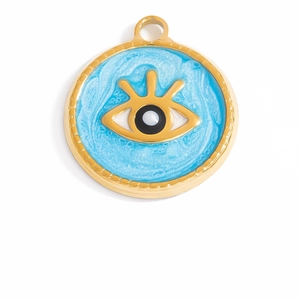 Detail of 18K gold evil eye charm with blue marble texture and jagged edge design