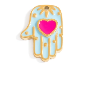 Detail showing an 18K gold Hamsa pendant with light blue enamel and a pink heart center