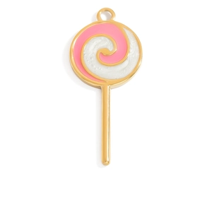 Detailed macro of pink and white spiral lollipop pendant with golden metal edges