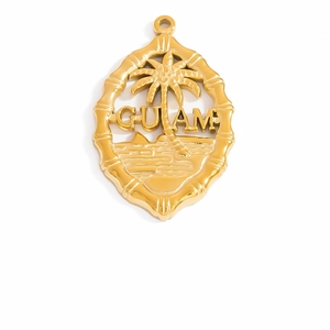 Detailed view of golden Guam palm tree pendant with textured bamboo frame and sunset