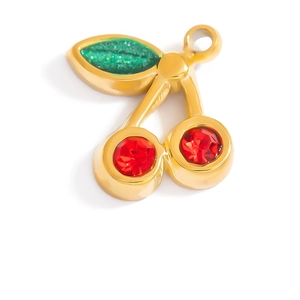 Exquisite gold-plated cherry charm with green glitter leaves and red crystal stones