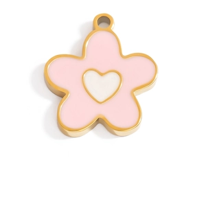 Detailed macro view of 18K gold-plated pink flower petal pendant with white heart center