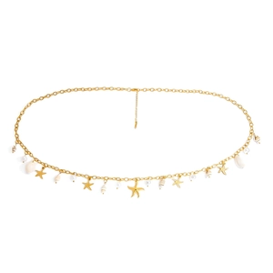 Golden stainless steel waist chain with starfish, seashells, and faux pearls for bikinis