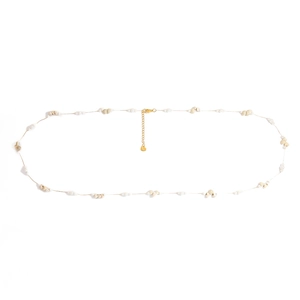 Detailed view of the 18K gold-plated body chain featuring white pearls and sunflower charms