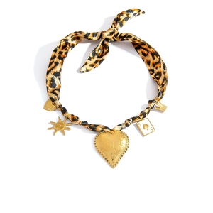 Leopard print silk scarf necklace with golden heart and ace of spades poker pendants