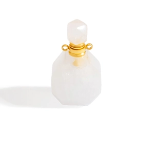 Geometric crystal perfume bottle pendant with gold metal rings and faceted gemstone body