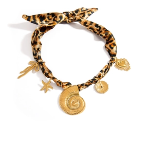 Leopard print silk scarf necklace with golden seashell, starfish and heart charms