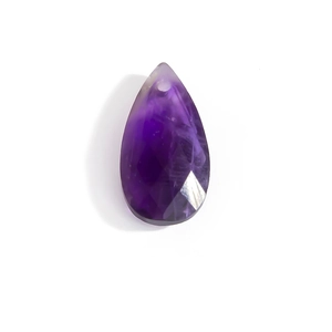 Faceted purple amethyst water drop pendant with stainless steel fitting on white background