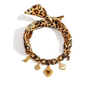 Bohemian leopard ribbon and acrylic chain necklace with vintage gold charms