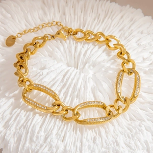 Edelstahl Strass Eingelegter Ovaler Ring Kettenarmband Minimalistische Mode 18K Vergoldet Wasserdichter Schmuck Für Damen Herren