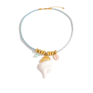 Braided colorful cord necklace with large white conch shell pendant and sea charms