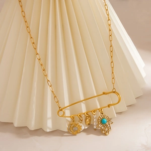 18K gold plated stainless steel paperclip chain necklace with Hamsa hand and sun moon charms