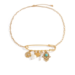Gold stainless steel safety pin necklace with heart, pearl and Hamsa hand pendants
