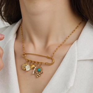 Stainless Steel Safety Pin Necklace With Shell Artificial Pearl Turquoise Hamsa Hand Sun Moon Charms Bohemian Jewelry For Women