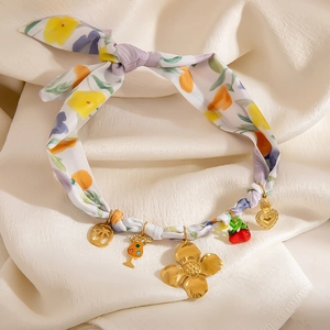 Floral silk scarf necklace with tropical palm, cocktail, heart and cherry pendants