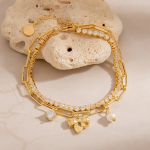 Elegantes Doppellagiges Kupferarmband Für Damen Mit Zirkonia Schmetterling Stern Anhänger Künstliche Perle Handschmuck Für Party